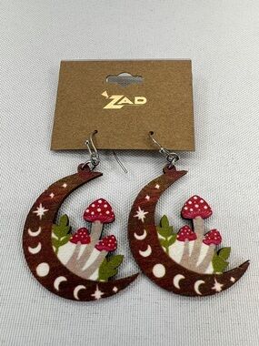 ZAD Crescent Moon Mushroom Dangle Wood Earrings Bohemian Brown, Red & Green